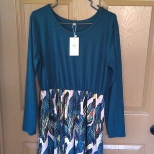 Teal and Leaf Print Maxi Dress